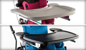 Optional activity tray comes in plastic black or gray