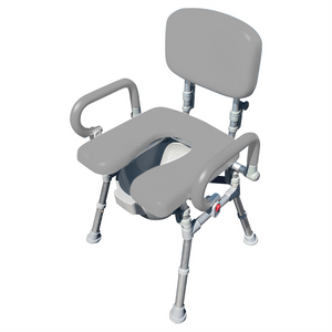 UltraCommode Folding Commode Chair in gray|UltraCommode Folding Commode Chair in blue|Fold compactly for ease of storage anywhere!|UltraCommode Folding Commode Chair folds compactly|Large commode pail comes standard|Chair is lightweight and portable|Seat can be used in the shower|UltraCommode Folding Commode Chair diagram