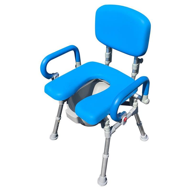 UltraCommode Folding Commode Chair in gray|UltraCommode Folding Commode Chair in blue|Fold compactly for ease of storage anywhere!|UltraCommode Folding Commode Chair folds compactly|Large commode pail comes standard|Chair is lightweight and portable|Seat can be used in the shower|UltraCommode Folding Commode Chair diagram