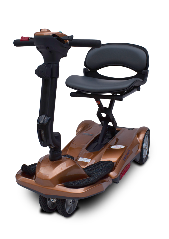 Transport M Easy Move Folding Scooter in purple|Transport M Easy Move Folding Scooter in blue by EV Rider|Transport M Easy Move Folding Scooter in copper|Transport M Easy Move Folding Scooter in red|8 inch solid, flat free tires and dual|Rear anti-tipper caster|Optional Electric Horn with 3 sounds|Optional deluxe cup holder|OPtional Deluxe Tiller bag|Optional Tiller and Seat Cover set ( 2pc)
