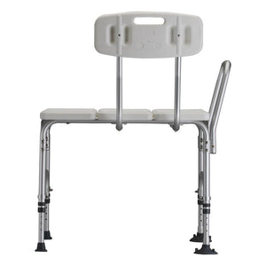 Nova Heavy Duty Transfer Bench|Side view of the Nova Heavy Duty Transfer Bench|Fixed arm, rubber and suction tips on legs|Back view Nova Heavy Duty Transfer Bench|Nova Heavy Duty Transfer Bench dimensions