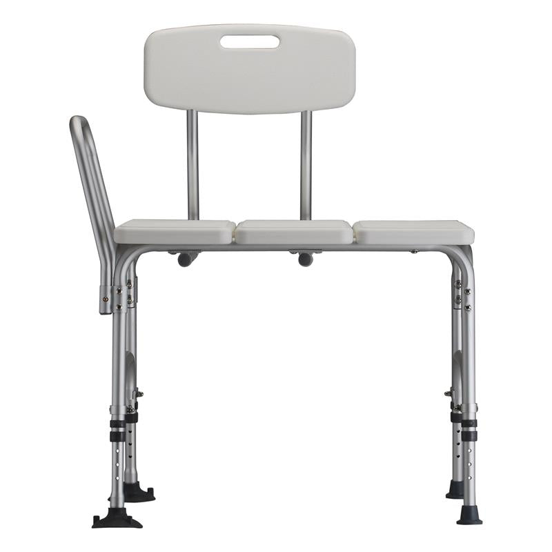 Nova Heavy Duty Transfer Bench|Side view of the Nova Heavy Duty Transfer Bench|Fixed arm, rubber and suction tips on legs|Back view Nova Heavy Duty Transfer Bench|Nova Heavy Duty Transfer Bench dimensions