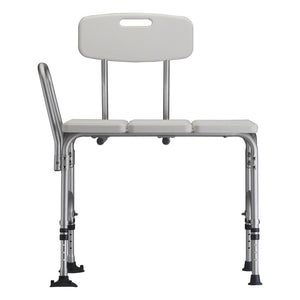 Nova Heavy Duty Transfer Bench|Side view of the Nova Heavy Duty Transfer Bench|Fixed arm, rubber and suction tips on legs|Back view Nova Heavy Duty Transfer Bench|Nova Heavy Duty Transfer Bench dimensions