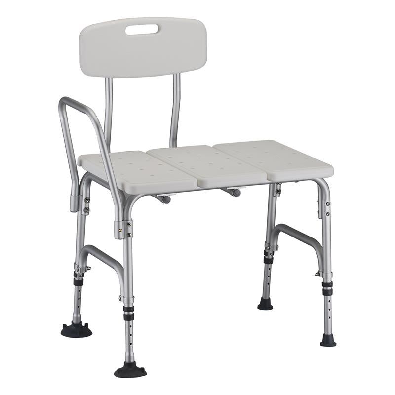 Nova Heavy Duty Transfer Bench|Side view of the Nova Heavy Duty Transfer Bench|Fixed arm, rubber and suction tips on legs|Back view Nova Heavy Duty Transfer Bench|Nova Heavy Duty Transfer Bench dimensions