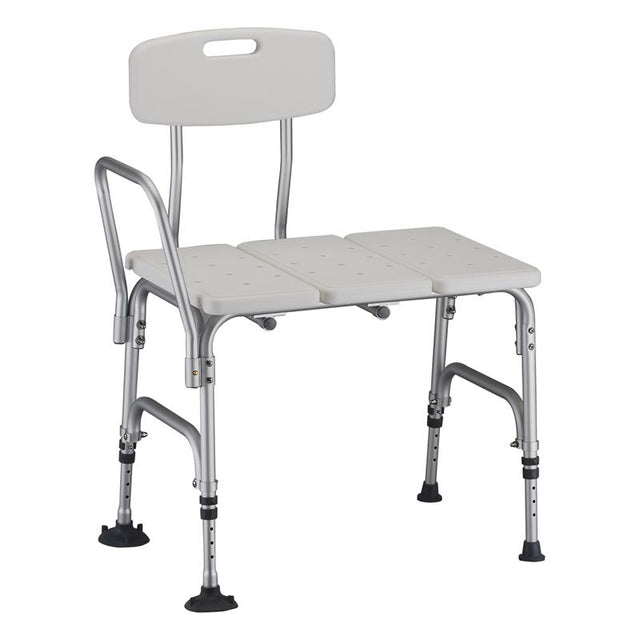 Nova Heavy Duty Transfer Bench|Side view of the Nova Heavy Duty Transfer Bench|Fixed arm, rubber and suction tips on legs|Back view Nova Heavy Duty Transfer Bench|Nova Heavy Duty Transfer Bench dimensions