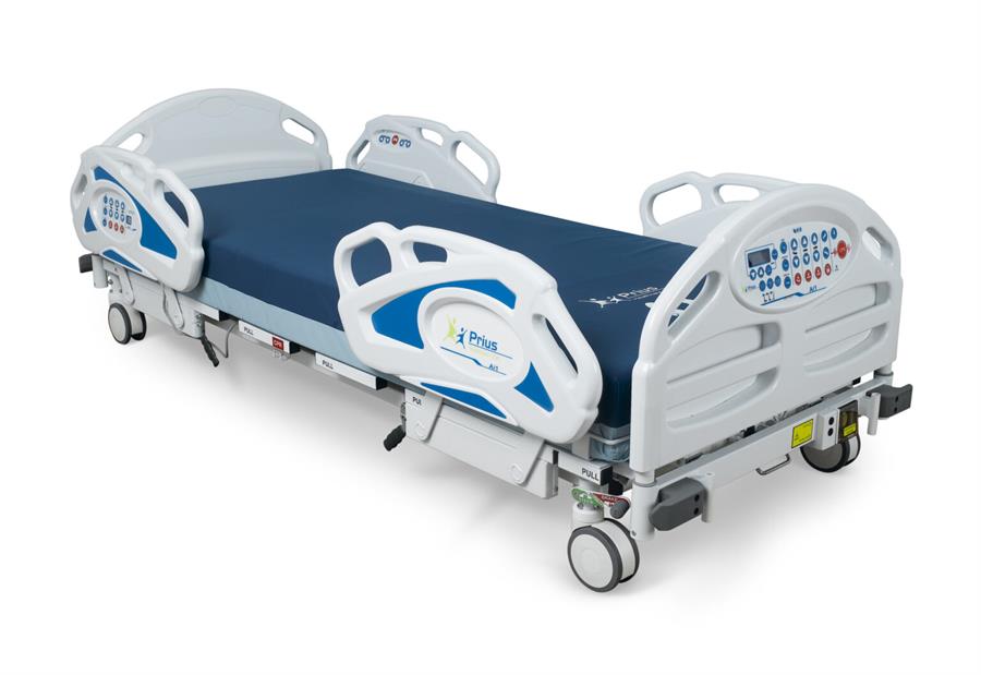 Prius Ai1 expandable medsurge bed All-in-one with footboard, siderails, scale, hand controls and optional foam mattress.