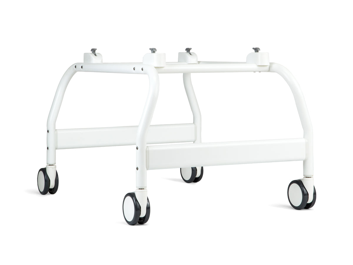 Rifton Shower Stand for the Wave Bathing Chair to easily roll into your shower.|Photo of Rifton Wave Bathing Chair attached to the Shower Stand, reducing back strain.