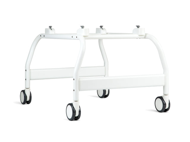 Rifton Shower Stand for the Wave Bathing Chair to easily roll into your shower.|Photo of Rifton Wave Bathing Chair attached to the Shower Stand, reducing back strain.