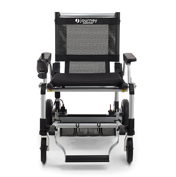 Zoomer - Black|Zoomer - Blue|Quick guide to the Zoomer|Lightweight 52# and easy to drive inside or outside|Joystick comes standard on right but can easily remount on the left by user|Comfort Seating|25 inch turning radius for easy indoor turns|Easy to fold - step 1 pull the cable|Easy to fold - step 2 fold the chair|Easy to fold - step 3 roll away|Slide up to the table or desk with no problem||Easily Scales up to a 10° incline|Fits in nearly any vehicle within seconds