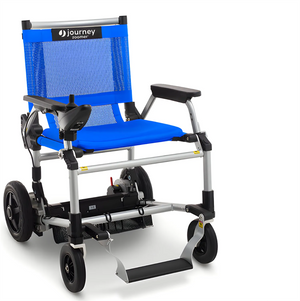 Zoomer - Black|Zoomer - Blue|Quick guide to the Zoomer|Lightweight 52# and easy to drive inside or outside|Joystick comes standard on right but can easily remount on the left by user|Comfort Seating|25 inch turning radius for easy indoor turns|Easy to fold - step 1 pull the cable|Easy to fold - step 2 fold the chair|Easy to fold - step 3 roll away|Slide up to the table or desk with no problem||Easily Scales up to a 10° incline|Fits in nearly any vehicle within seconds