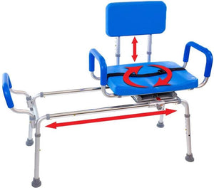 Chair is height adjustable and comes with a swivel seat|Backrest is height adjustable and seat swivels to transfer from either side|Lever under seat rotates seat to allow for transfers on either side|Adjustable lap belt comes standard|Bariatric Carousel Sliding Transfer Bench dimensions