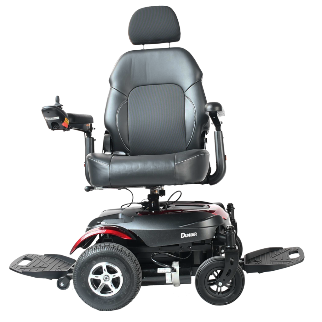 Merits Dualer P312 power wheelchair in Candy Apple Red, side view