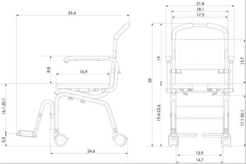 Roll-in Buddy Lite by Showerbuddy|Roll-in Buddy Lite Shower Chair by Showerbuddy|Showerbuddy Roll-In Buddy Lite|Showerbuddy Roll-In Buddy Lite|Showerbuddy Roll-In Buddy Lite|Optional Cushion Seat Overlay|Optional Front Closed Seat|Optional Chest/Lap Belt|Measurements