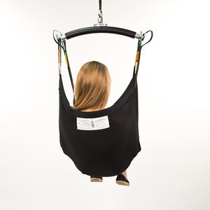 Handicare Comfort Sling without head support|Handicare Comfort Sling without head support front view|Handicare Comfort Sling without head support side view|Handicare Comfort Sling without head support back view|Handicare Comfort Sling with head support|Closeup of the leg separation of the Handicare Comfort Sling
