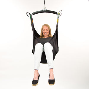 Handicare Comfort Sling without head support|Handicare Comfort Sling without head support front view|Handicare Comfort Sling without head support side view|Handicare Comfort Sling without head support back view|Handicare Comfort Sling with head support|Closeup of the leg separation of the Handicare Comfort Sling