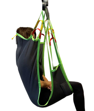 Comfort Sling with Soft Air Mesh by Human Care - Front|Comfort Sling with Soft Air Mesh by Human Care - Side|Comfort Sling with Soft Air Mesh by Human Care - Back|Human Care Sling Sizing Guide