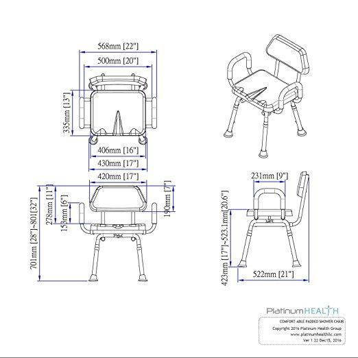 ComfortAble Padded Shower Chair by Platinum Health in blue|ComfortAble Padded Shower Chair with backrest removed|Remove both arms to create a stool|Remove one or both padded arms to customize your chair!|ComfortAble Padded Shower Chair with both arms removed|ComfortAble Padded Shower Chair diagram with measurements