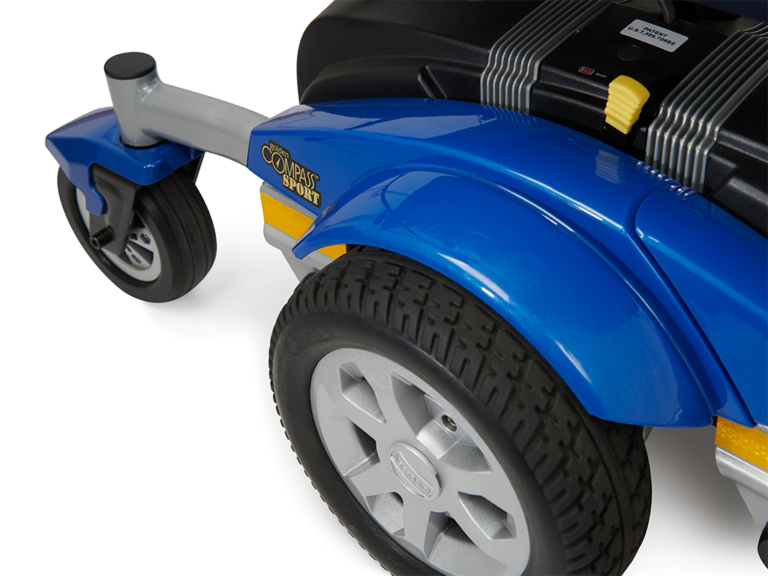 All six wheels stay in contact with ground to make this chair stable