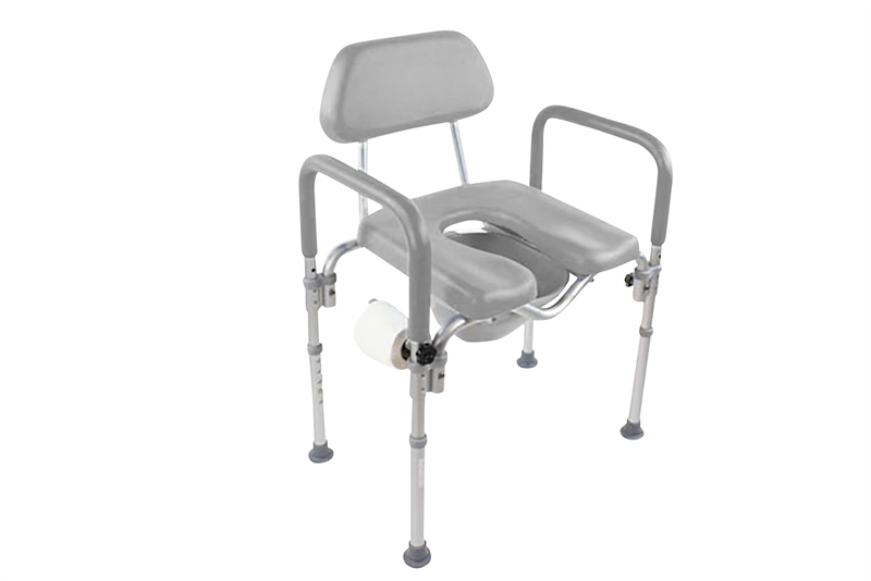 Seat comes in blue padding to make seat easier to see|Dignity Padded Commode is available in gray|Removable pail comes standard and easily slides out the back of seat|Adjust height from 20" to 24" without the use of tools|Rubber tips on legs allow users to stay safe when used as shower chair|Toilet paper holder can be used on left or right side|Dignity Padded Commode diagram with measurements