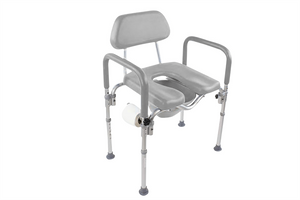 Seat comes in blue padding to make seat easier to see|Dignity Padded Commode is available in gray|Removable pail comes standard and easily slides out the back of seat|Adjust height from 20" to 24" without the use of tools|Rubber tips on legs allow users to stay safe when used as shower chair|Toilet paper holder can be used on left or right side|Dignity Padded Commode diagram with measurements
