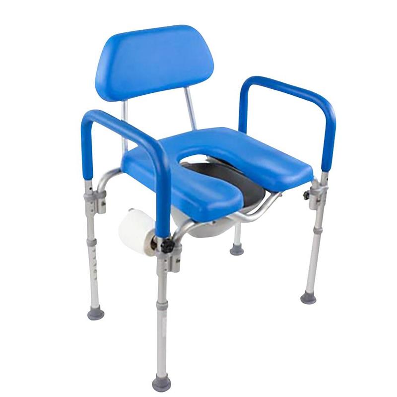 Seat comes in blue padding to make seat easier to see|Dignity Padded Commode is available in gray|Removable pail comes standard and easily slides out the back of seat|Adjust height from 20" to 24" without the use of tools|Rubber tips on legs allow users to stay safe when used as shower chair|Toilet paper holder can be used on left or right side|Dignity Padded Commode diagram with measurements