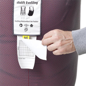 Molift EvoSling Hygiene Sling|Molift EvoSling Hygiene Sling - Color Coded Loops|Molift EvoSling Hygiene Sling - Application Pocket|Molift EvoSling Hygiene Sling - Instruction Tag|Optional EvoSling Head Support|Optional EvoSling Extension Loops|Optional Etac Molift Strap Marker|Optional EvoSling FlexiStrap available in Wide or Standard|Molift EvoSling Hygiene - Polyester|Molift EvoSling Hygiene - Size Guide