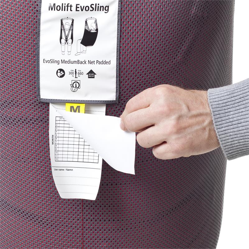 Molift EvoSling Amputee Medium Back Net Sling|Molift EvoSling Sling - Instruction Tag and Sizing|Molift EvoSling Sling - Color Coded Tags|Molift EvoSling Medium Back Net Sling - Net Up Close|Optional EvoSling Head Support|Etac Molift Strap Marker|Optional Evo Sling FlexiStrap|EvoSling Ampu MediumBack Polyester Net
