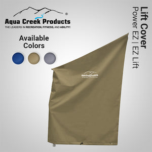Aqua Creek Power EZ2 Pool or Boat Lift with user in sling|Aqua Creek Power EZ2 Pool or Boat Lift used with anchor|Aqua Creek Power EZ2 Pool or Boat Lift used as a boat lift|Use the Aqua Creek Power EZ2 Pool or Boat Lift on the dock!|Optional hard seat is made from hard plastic|Cover is available in three colors and a fade resistant blue|Hand controller comes standard and is waterproof|Solar powered battery charger keeps your battery constantly charged|Optional Anchor Kits for EZ2 pool lift