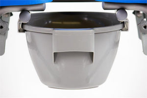 UltraCommode Folding Commode Chair in gray|UltraCommode Folding Commode Chair in blue|Fold compactly for ease of storage anywhere!|UltraCommode Folding Commode Chair folds compactly|Large commode pail comes standard|Chair is lightweight and portable|Seat can be used in the shower|UltraCommode Folding Commode Chair diagram