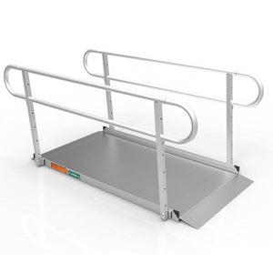 Gateway 3G Solid Surface Portable Ramp without handrails|EZ Access Gateway 3G Solid Surface Portable Ramp with opt two-line handrail|Gateway 3G Solid Surface Portable Ramp with opt vertical picket handrails|Non-slip surface with durable grip for several mobility devices