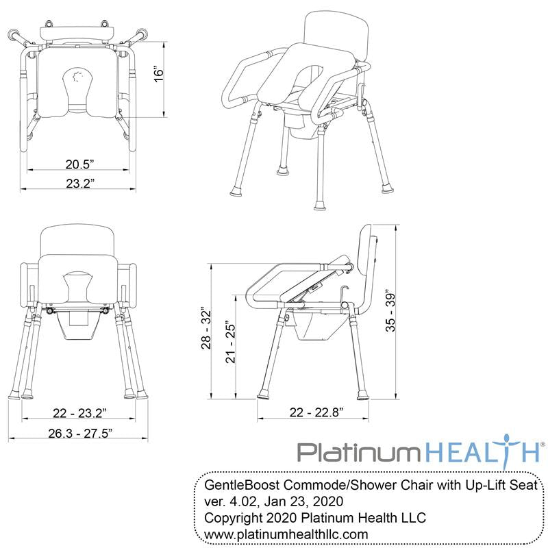 Gentleboost Uplift Assist 3-in-1 Shower and Commode Chair by Platinum Health|Gentle, spring-loaded mechanism lifts users to standing position|Lever for spring mechanism is easy to access|Seat comes with two commode pans|Dimensions for spring loaded seat