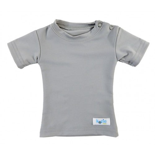Kozie Clothes Baby Plain And Simple Sensory Compression Short Sleeve Shirt|Plain And Simple Sensory Compression Short Sleeve Shirt in Gray|Plain And Simple Sensory Compression Short Sleeve Shirt in Navy|Plain And Simple Sensory Compression Short Sleeve Shirt in Tropical Blue|Plain And Simple Sensory Compression Short Sleeve Shirt in White|Baby wearing Plain And Simple Sensory Compression Short Sleeve Shirt