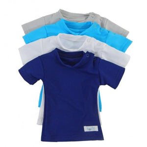 Kozie Clothes Baby Plain And Simple Sensory Compression Short Sleeve Shirt|Plain And Simple Sensory Compression Short Sleeve Shirt in Gray|Plain And Simple Sensory Compression Short Sleeve Shirt in Navy|Plain And Simple Sensory Compression Short Sleeve Shirt in Tropical Blue|Plain And Simple Sensory Compression Short Sleeve Shirt in White|Baby wearing Plain And Simple Sensory Compression Short Sleeve Shirt