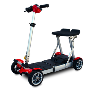 Gypsy Folding Scooter by EV Rider in Gypsy Red|Gypsy Red Gypsy scooter folded flat|Ocean Blue Gypsy scooter standing upright for ease of storage in a closet|Handle can be folded down on Gypsy scooter while stood upright|Gypsy scooter in Pearl Green|Gypsy scooter in Ocean Blue|Gypsy scooter in Pearl Green folded flat with handle flat down|Optional Electric Horn with 3 sounds|Optional deluxe cup holder|Optional  deluxe Tiller bag|Optional Tiller and Seat Cover set ( 2pc)