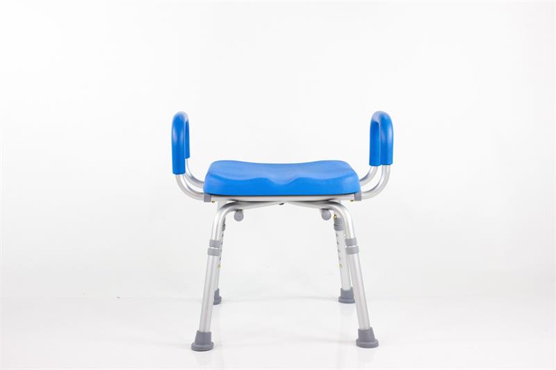 ComfortAble Padded Shower Chair by Platinum Health in blue|ComfortAble Padded Shower Chair with backrest removed|Remove both arms to create a stool|Remove one or both padded arms to customize your chair!|ComfortAble Padded Shower Chair with both arms removed|ComfortAble Padded Shower Chair diagram with measurements