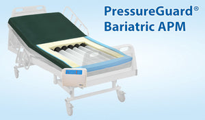 Pressure Guard Mattress|Presure Guard Bariatric APM therapy mattress supports up to  supports up to 750 pounds and designed to prevent skin breakdowns.|Span America PressureGuard Bariatric APM therapy mattress control panel for alternating pressure.|PressureGuard Bariatric APM firm side frame for easy transfers.|Digital Controller for APM bariatric|Safety Edge provides support for transfers|Geo Topper and heel slope for APM Bariatric