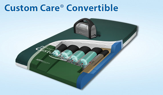 |PressureGuard Custom Care Convertible  Preview Product on Storefront|Shear transfer zones - layers of the PressureGuard Custom Care Convertible|Head to toe cylinders provide superior redistribution|Purchase an additional control unit for back up pressure redistribution|Recessed deck option is a V-Shape design with 84" length