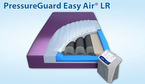 Pressure Guard Easy Air LR Therapy Mattress |PressureGuard Easy Air LR low air loss image|PressureGuard Easy Air LR Safety Edge for cradling effect|Continuous flow of air wicks away moisture|Firm foam on sides to prevent collapse|Easy Air LR Recessed Deck Option for VersaCare