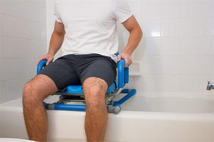 Hydroslide Sliding Bath Chair allows easy seated entry to a tub by swiveling and just lifting your legs