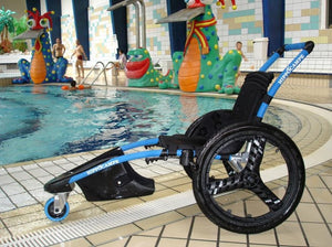 Vipamat Hippocampe Pool Wheelchair Near Pool|Vipamat Hippocampe Pool Wheelchair Front and Side View|Vipamat Hippocampe Pool Wheelchair being used in pool|Vipamat Hippocampe Pool Wheelchair with Child rider|Vipamat Hippocampe Pool Wheelchair with Child rider and assist