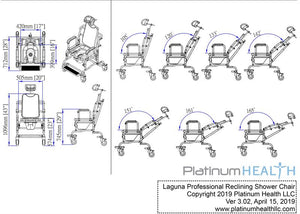 Laguna Reclining Shower Chair comes in a high visibility blue|Tilting chair reclines up to 165 degrees|Laguna Reclining Shower Features|Comfortable headrest comes standard, and creates ease of washing|Laguna Reclining Shower Chair Armrests|Laguna Reclining Shower Chair two piece flip up footplate|Laguna Reclining Shower Chair No-Rust composite casters with brakes|Laguna Reclining Shower Chair diagram with tilting angles