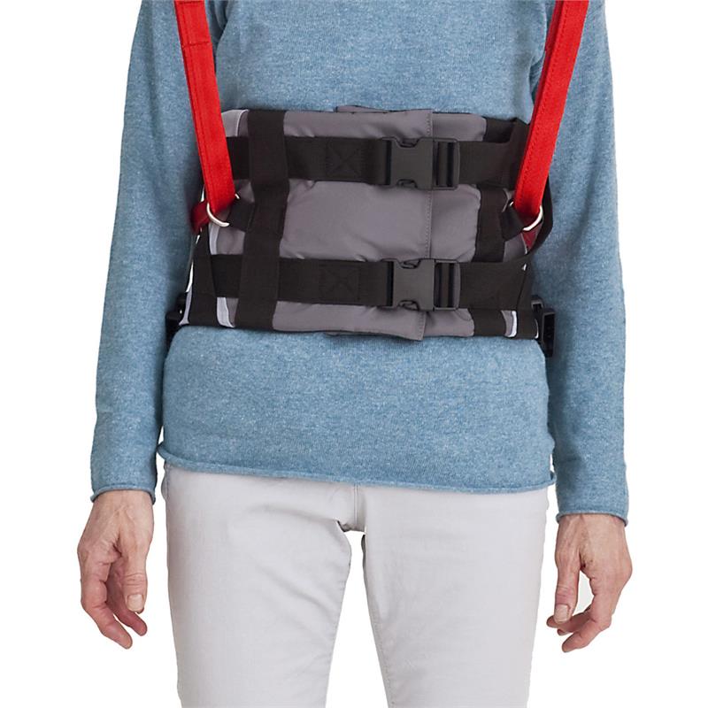 Molift RgoSling Ambulating Vest is best for those with some core stability|Molift RgoSling Ambulating Vest pictured with groin straps|Molift RgoSling Ambulating Vest with user, caregiver and walker|Molift RgoSling Ambulating Vest while gait training|Wide support on the back with groin straps for added protection|Sling bar loops and double buckle system for safety