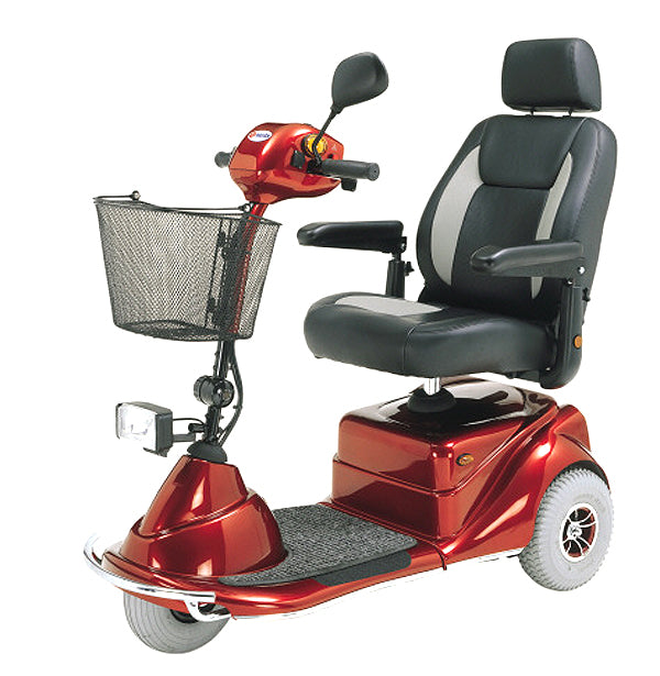 Merits Pioneer 3 3-Wheel Scooter in red|Merits Pioneer 3 3-Wheel Scooter Dashboard|Optional Weather Cover|Optional Canopy without foldable basket|Optional Oxygen Tank Holder|Optional Walker Holder|Optional Cane Holder|Optional Rear Basket|Optional Foldable Rear Basket