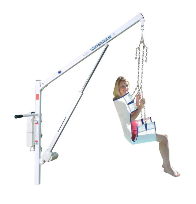 Aqua Creek Power EZ2 Pool or Boat Lift with user in sling|Aqua Creek Power EZ2 Pool or Boat Lift used with anchor|Aqua Creek Power EZ2 Pool or Boat Lift used as a boat lift|Use the Aqua Creek Power EZ2 Pool or Boat Lift on the dock!|Optional hard seat is made from hard plastic|Cover is available in three colors and a fade resistant blue|Hand controller comes standard and is waterproof|Solar powered battery charger keeps your battery constantly charged|Optional Anchor Kits for EZ2 pool lift