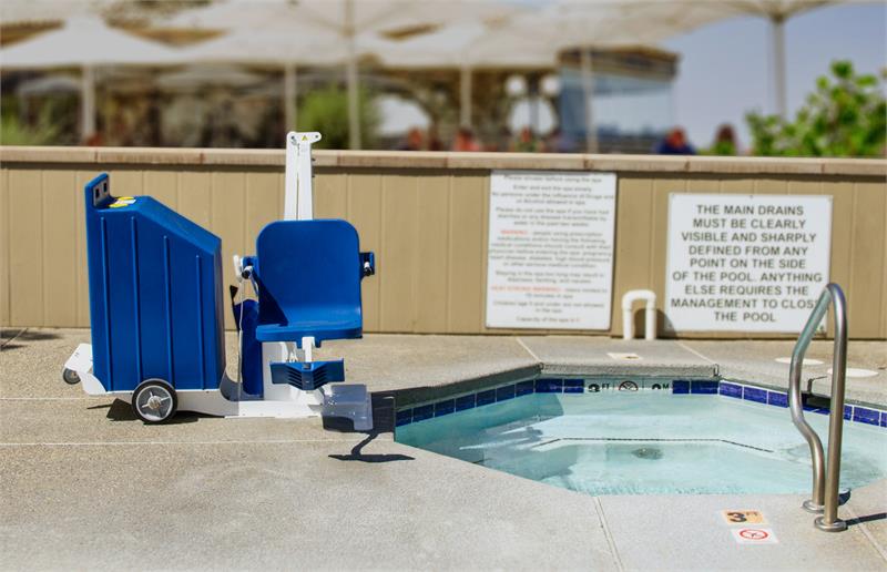 Aqua Creek Portable Pro Pool Lift 2 in Blue|Aqua Creek Portable Pro Pool Lift 2 in blue|Aqua Creek Portable Pro Pool Lift 2 in Gray|Aqua Creek Portable Pro Pool Lift 2 in Tan|Optional Head Rest - front view|Optional Head Rest - back view|Cover  3 color choices, Blue, gray and tan|Optional Cycle Attachment|Optional Cycle Attachment