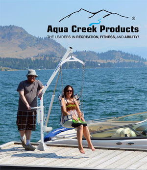 Aqua Creek Power EZ2 Pool or Boat Lift with user in sling|Aqua Creek Power EZ2 Pool or Boat Lift used with anchor|Aqua Creek Power EZ2 Pool or Boat Lift used as a boat lift|Use the Aqua Creek Power EZ2 Pool or Boat Lift on the dock!|Optional hard seat is made from hard plastic|Cover is available in three colors and a fade resistant blue|Hand controller comes standard and is waterproof|Solar powered battery charger keeps your battery constantly charged|Optional Anchor Kits for EZ2 pool lift
