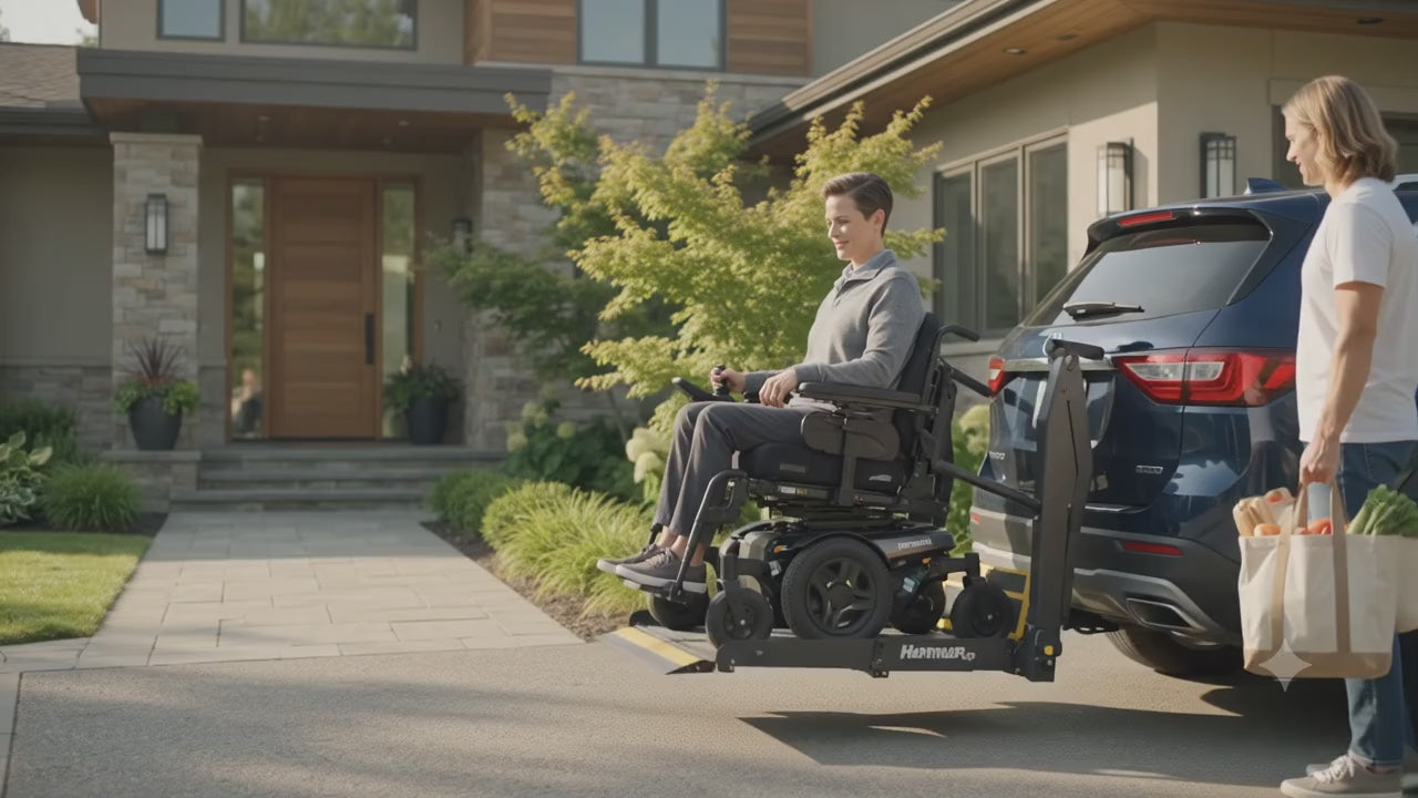 A woman using a black power wheelchair is lowered from the back of a parked SUV via a fold-down Harmar wheelchair lift onto a driveway. She drives off the lift and heads up the paved driveway toward a modern home's front entrance, smiling. A second person walks beside her carrying two full grocery bags, and the two continue together toward the wooden front door. No spoken dialogue; instrumental background music plays throughout.