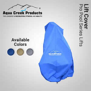 Aqua Creek Portable Pro Pool Lift 2 in Blue|Aqua Creek Portable Pro Pool Lift 2 in blue|Aqua Creek Portable Pro Pool Lift 2 in Gray|Aqua Creek Portable Pro Pool Lift 2 in Tan|Optional Head Rest - front view|Optional Head Rest - back view|Cover  3 color choices, Blue, gray and tan|Optional Cycle Attachment|Optional Cycle Attachment