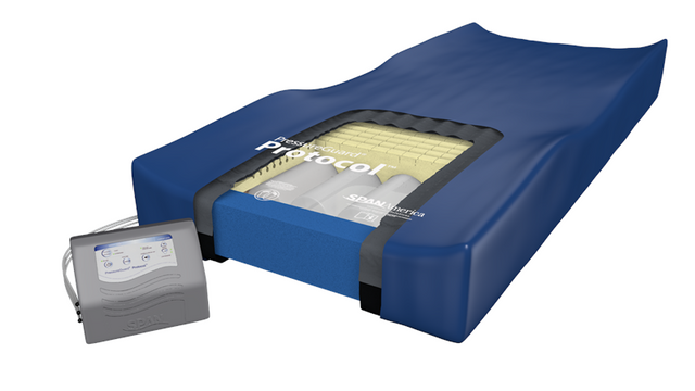 Raised Perimeter Protocol Therapy Mattress|Microclimate management or low air loss wicks away moisture for healthier skin|Protocol Control Unit uses less electricity, makes less noise and heat than other models.|Geo-mat topper and foam heel slope to protect skin from pressure.|Safety Edge makes transfers more stable and easier for caregivers and users.