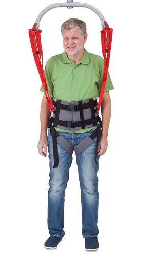 Molift RgoSling Ambulating Vest is best for those with some core stability|Molift RgoSling Ambulating Vest pictured with groin straps|Molift RgoSling Ambulating Vest with user, caregiver and walker|Molift RgoSling Ambulating Vest while gait training|Wide support on the back with groin straps for added protection|Sling bar loops and double buckle system for safety